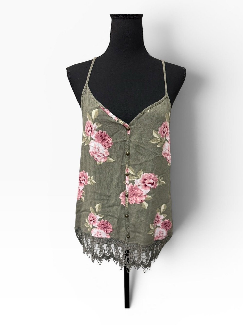 Wishful Park XL Floral Lace Hem Cami Tank Olive Green Pink Boho Cottagecore